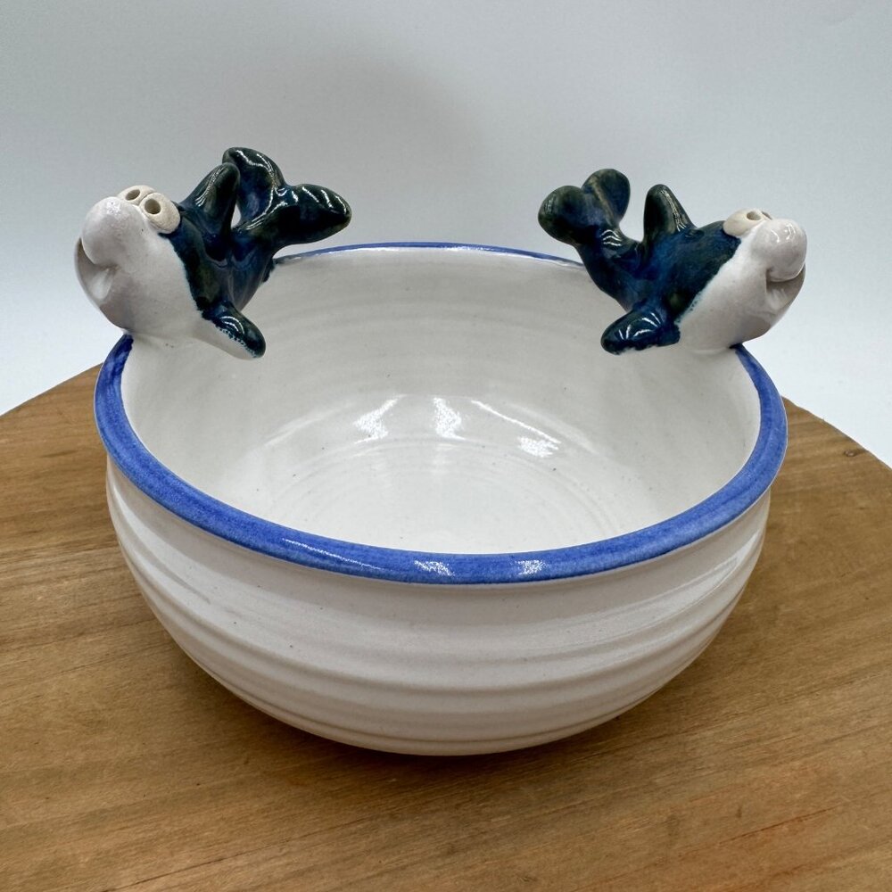 John Nishio Studio Art Pottery Bowl 2 Happy Dolphins Sharks Ocean Blue Trim 3D C